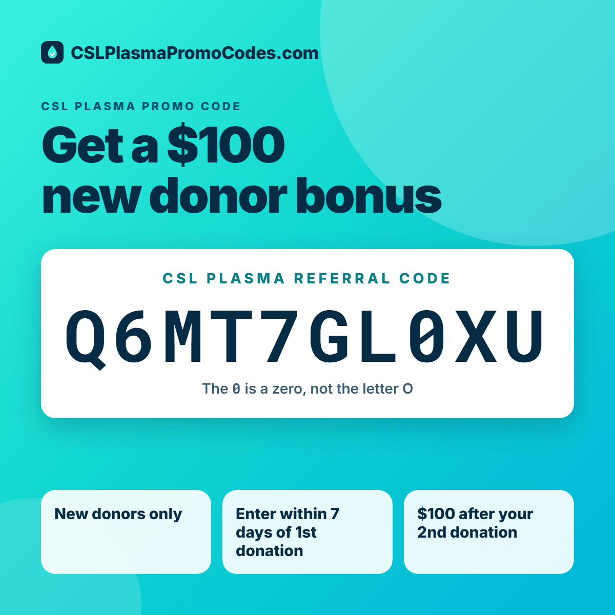 CSL Plasma promo code Q6MT7GL0XU — $100 bonus for new donors