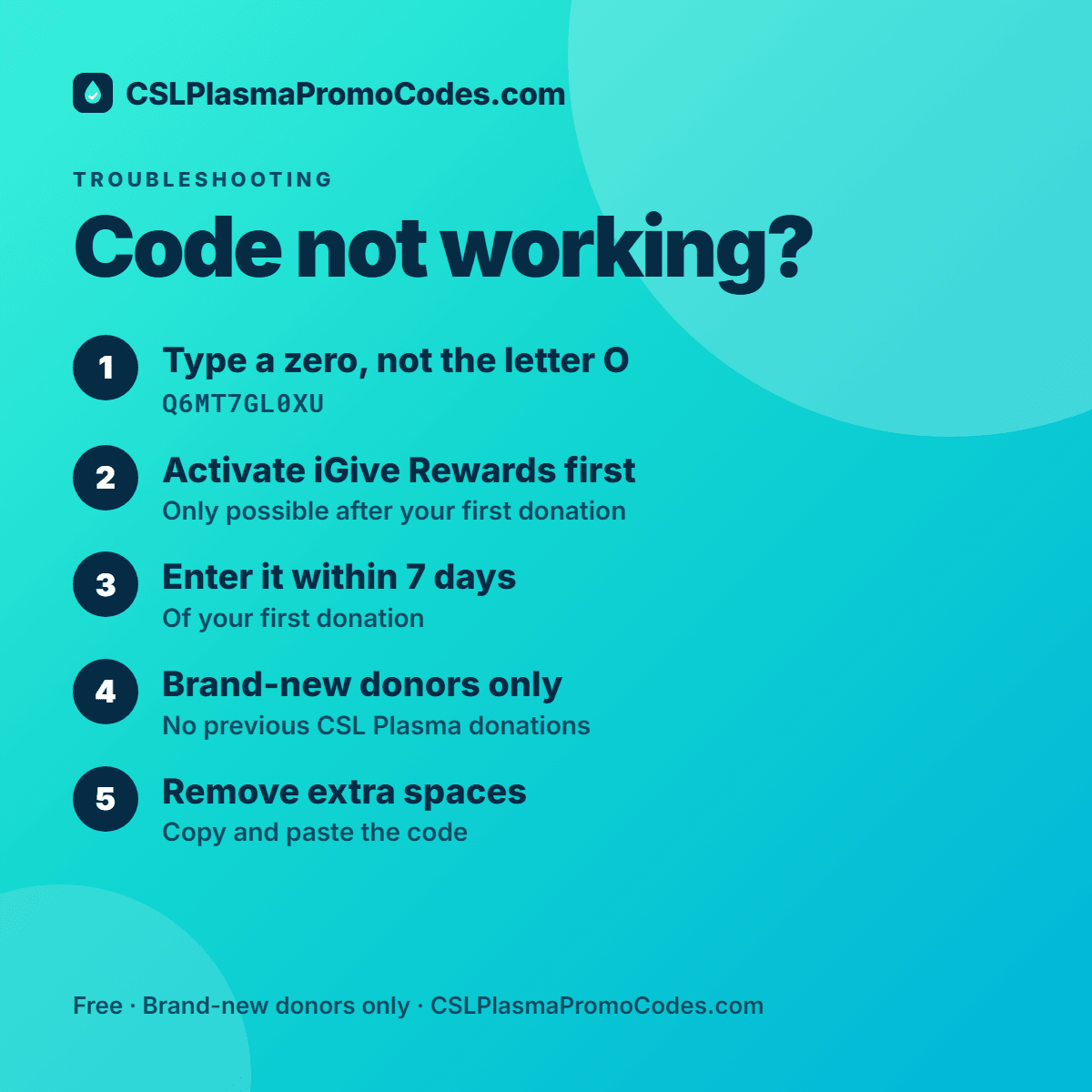 Checklist: 5 fixes when a CSL Plasma referral code is not working, including zero vs letter O in Q6MT7GL0XU